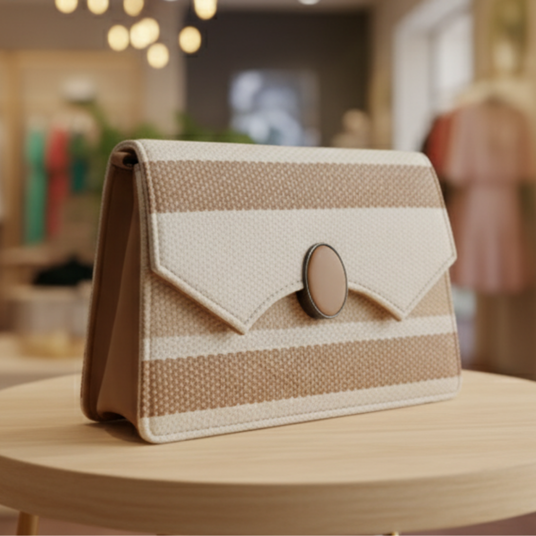 Beige Brown Crossbody Purse with Flap & Oval Lock