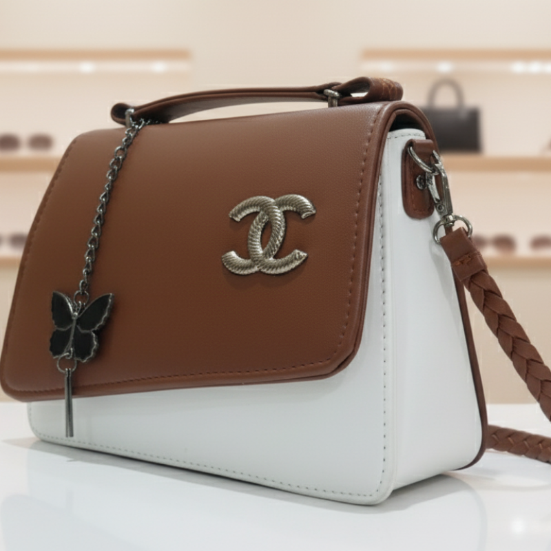 Two-Tone Brown & White Flap Bag
