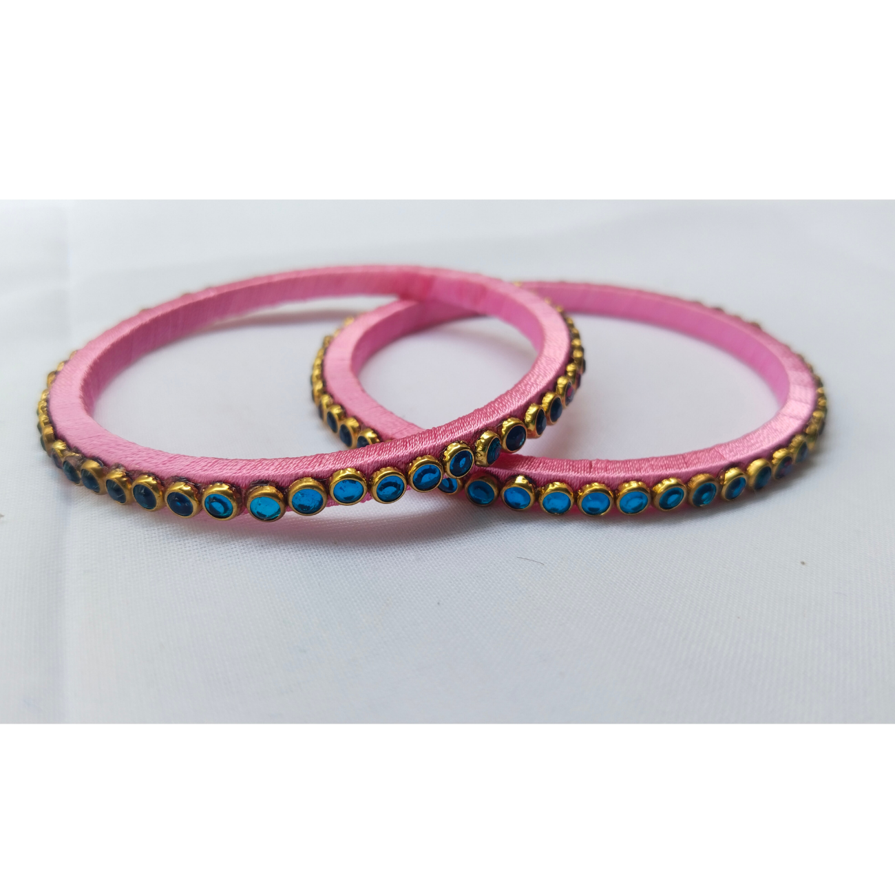 Handcrafted Pink Silk Bangles with Purple Stones | Set of 2