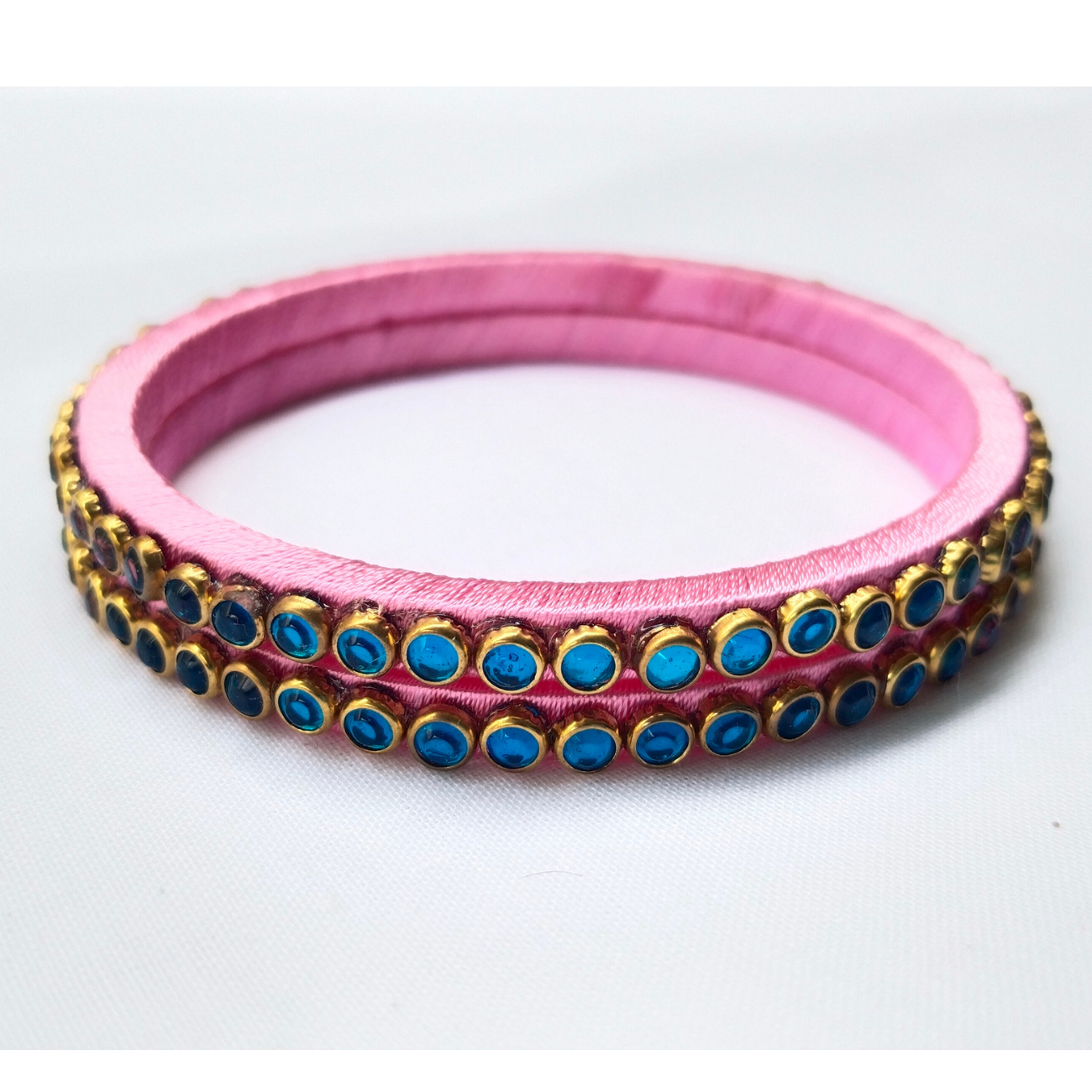Handcrafted Pink Silk Bangles with Purple Stones | Set of 2