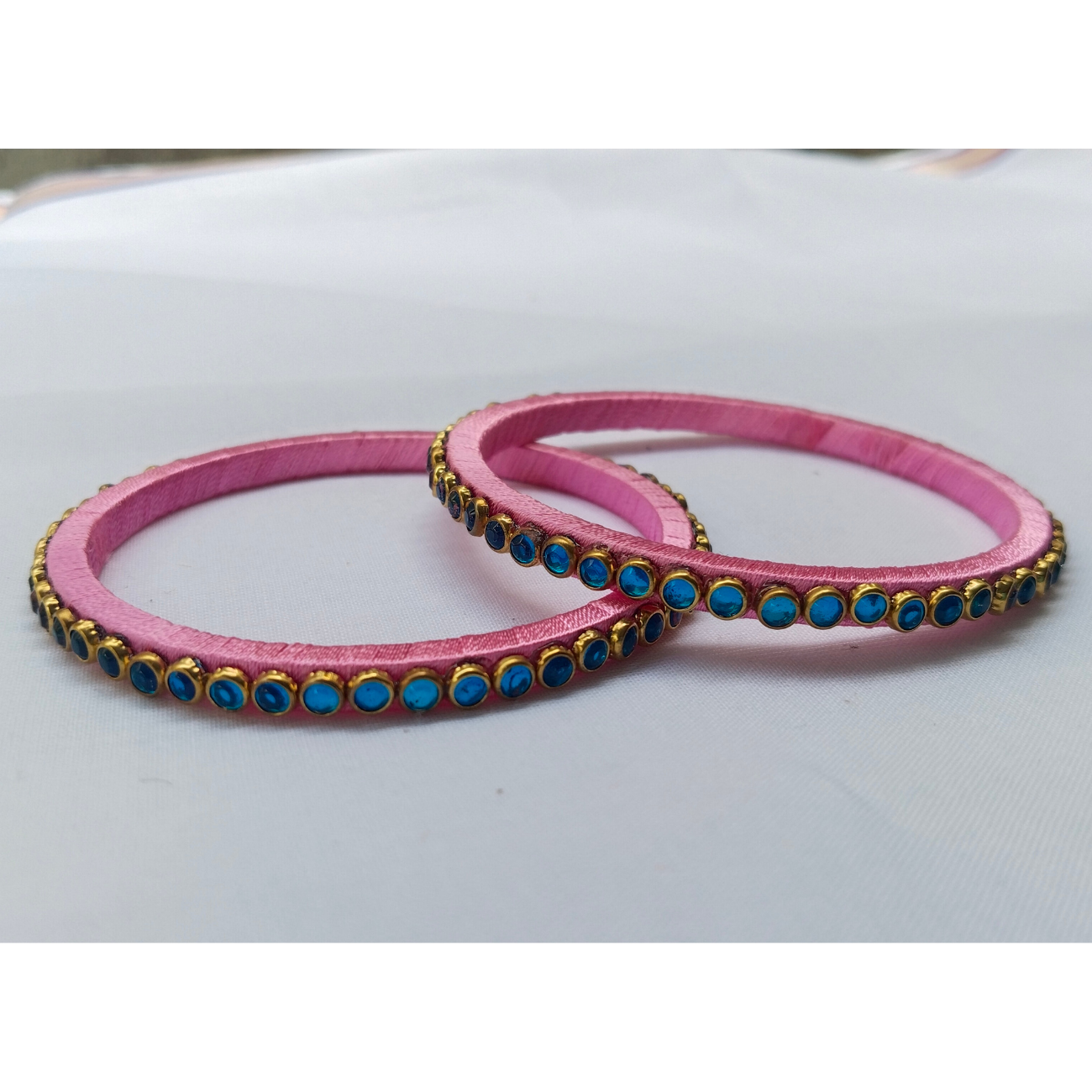 Handcrafted Pink Silk Bangles with Purple Stones | Set of 2