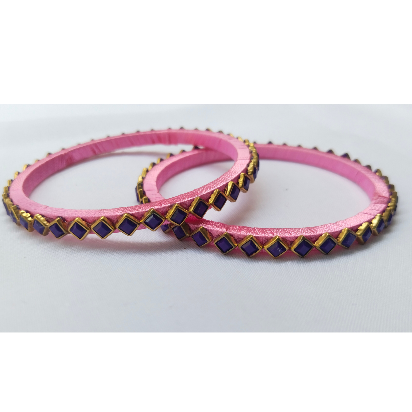 Handcrafted Pink Silk Bangles with Purple Stones | Set of 2