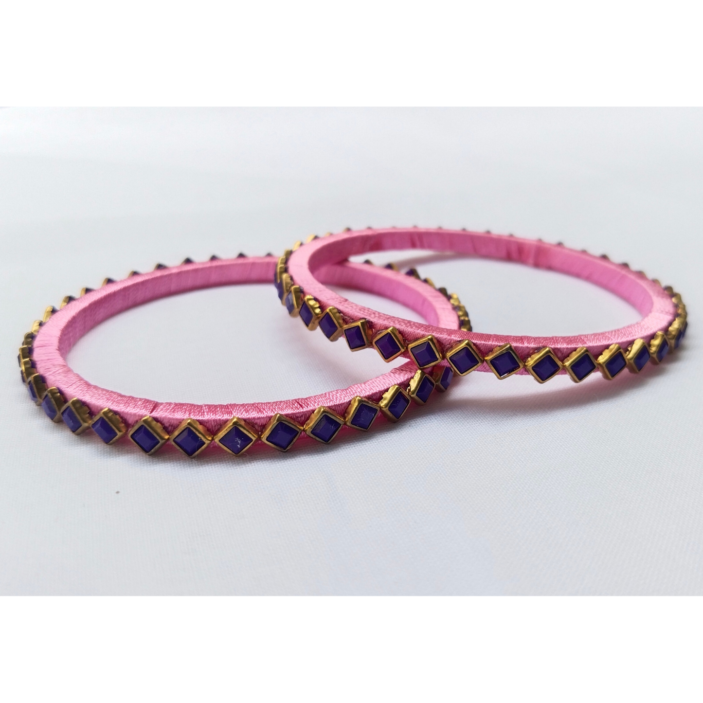 Handcrafted Pink Silk Bangles with Purple Stones | Set of 2