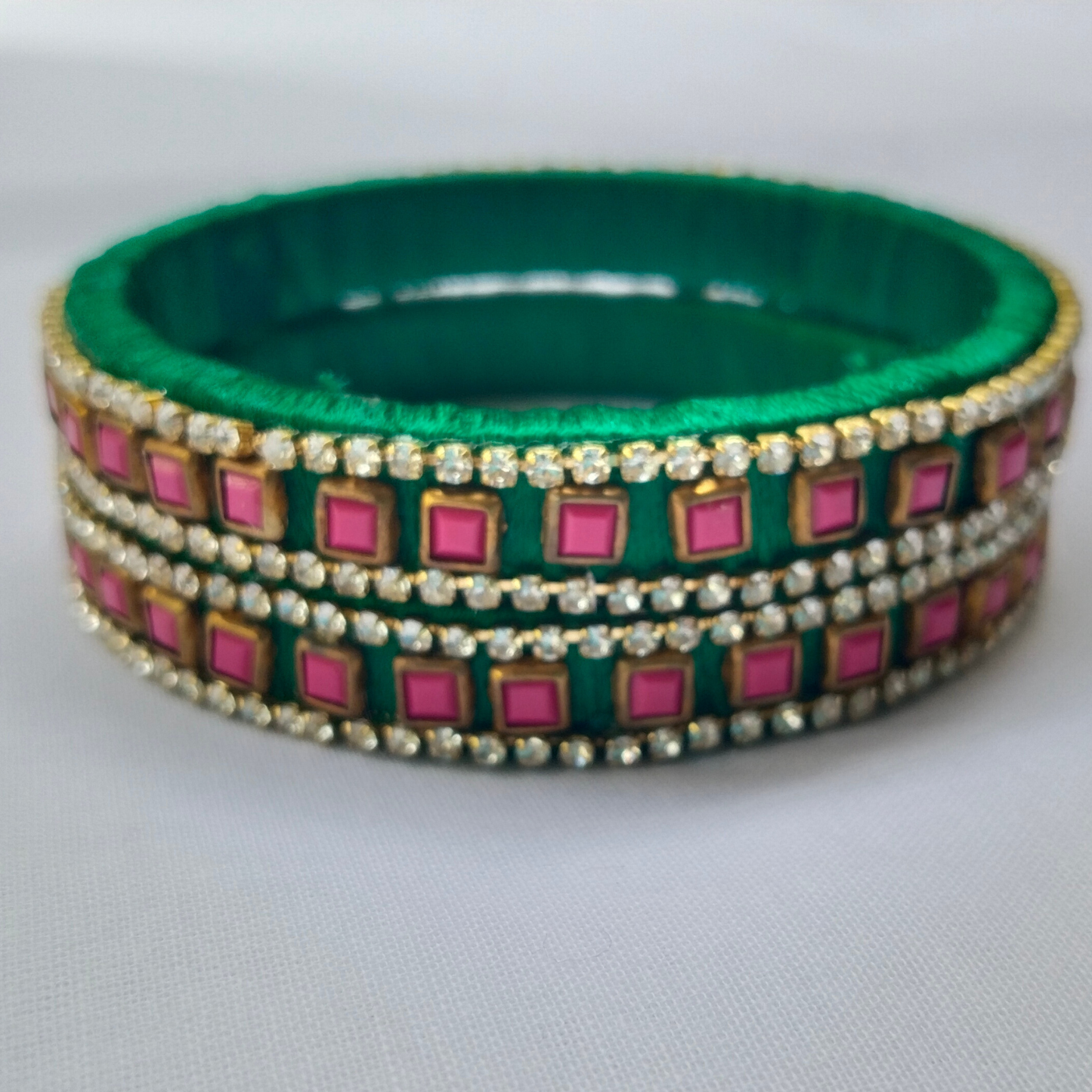 Green Silk Thread Bangles with Pink Stones | Handmade Bridal Bangle Set (Pair)
