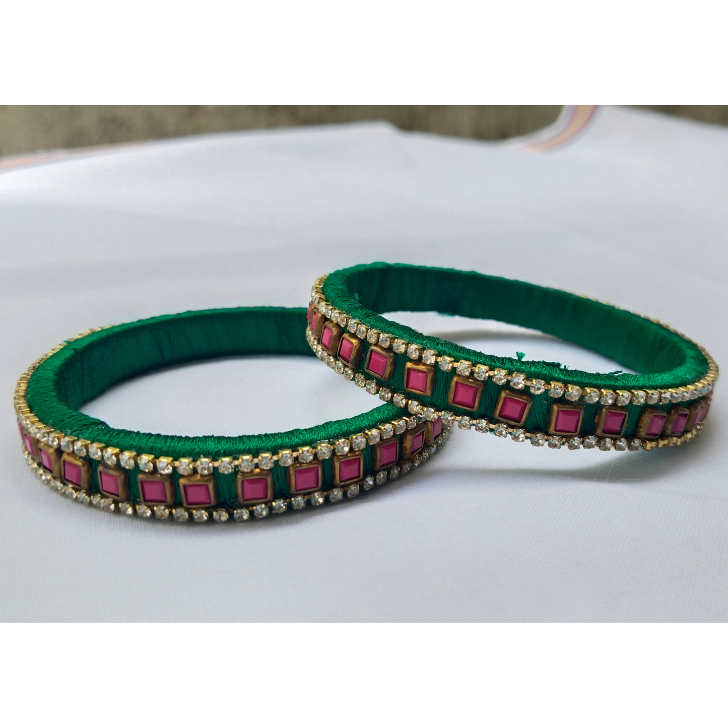 Green Silk Thread Bangles with Pink Stones | Handmade Bridal Bangle Set (Pair)