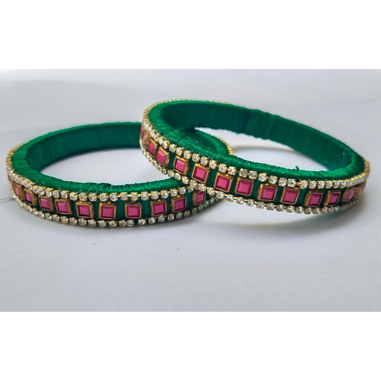Green Silk Thread Bangles with Pink Stones | Handmade Bridal Bangle Set (Pair)