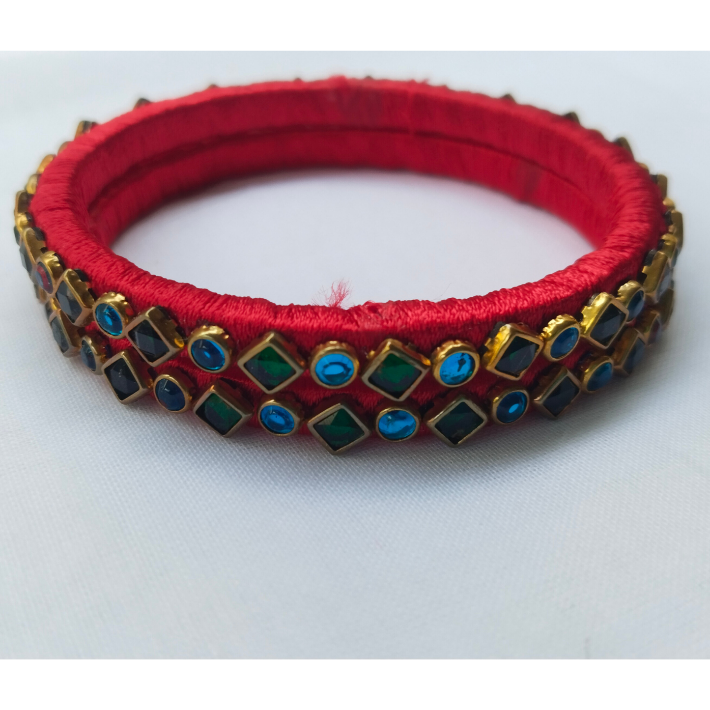 Red Silk Thread Bangles | Handmade Traditional Ethnic Stone Bangles (Pair)