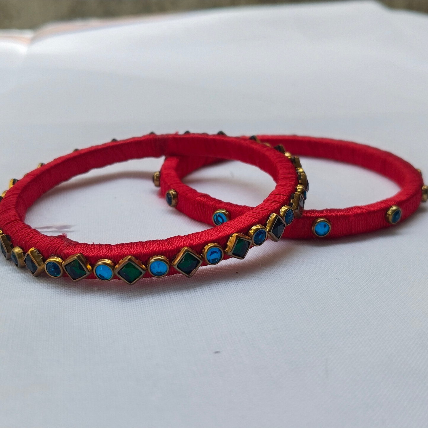 Red Silk Thread Bangles | Handmade Traditional Ethnic Stone Bangles (Pair)