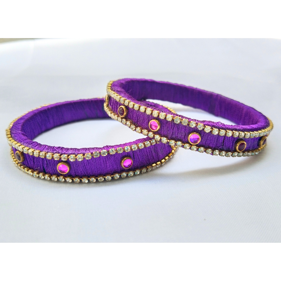 Purple Stone Bangles | Elegant Thread-Wrapped Pair