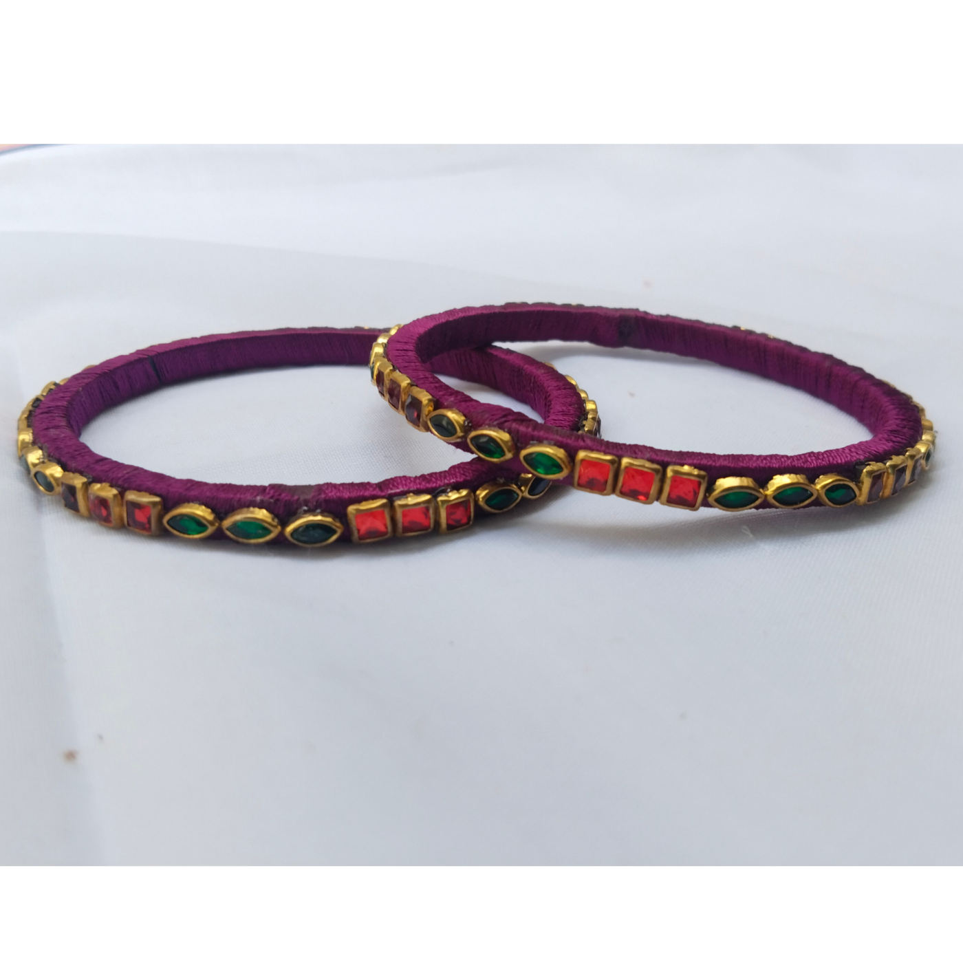 Purple Silk Thread Bangles | Handmade Ethnic Stone Bangles with Red & Green Accents (Pair)
