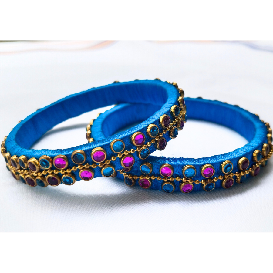 Sky Blue Stone Bangles | Intricate Double-Layered Pair