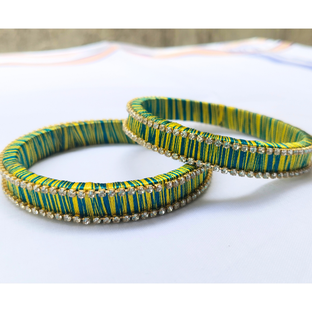 Teal & Yellow Thread Bangles | Dual Tone Delight