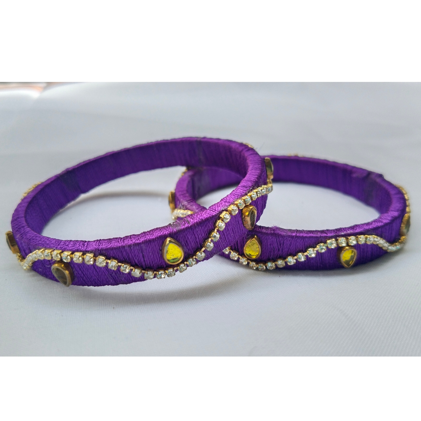Purple Silk Thread Bangles | Handmade Rhinestone & Golden Stone Wave Design Bangles (Pair)