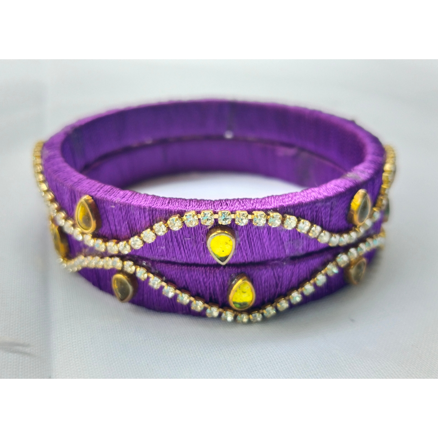 Purple Silk Thread Bangles | Handmade Rhinestone & Golden Stone Wave Design Bangles (Pair)