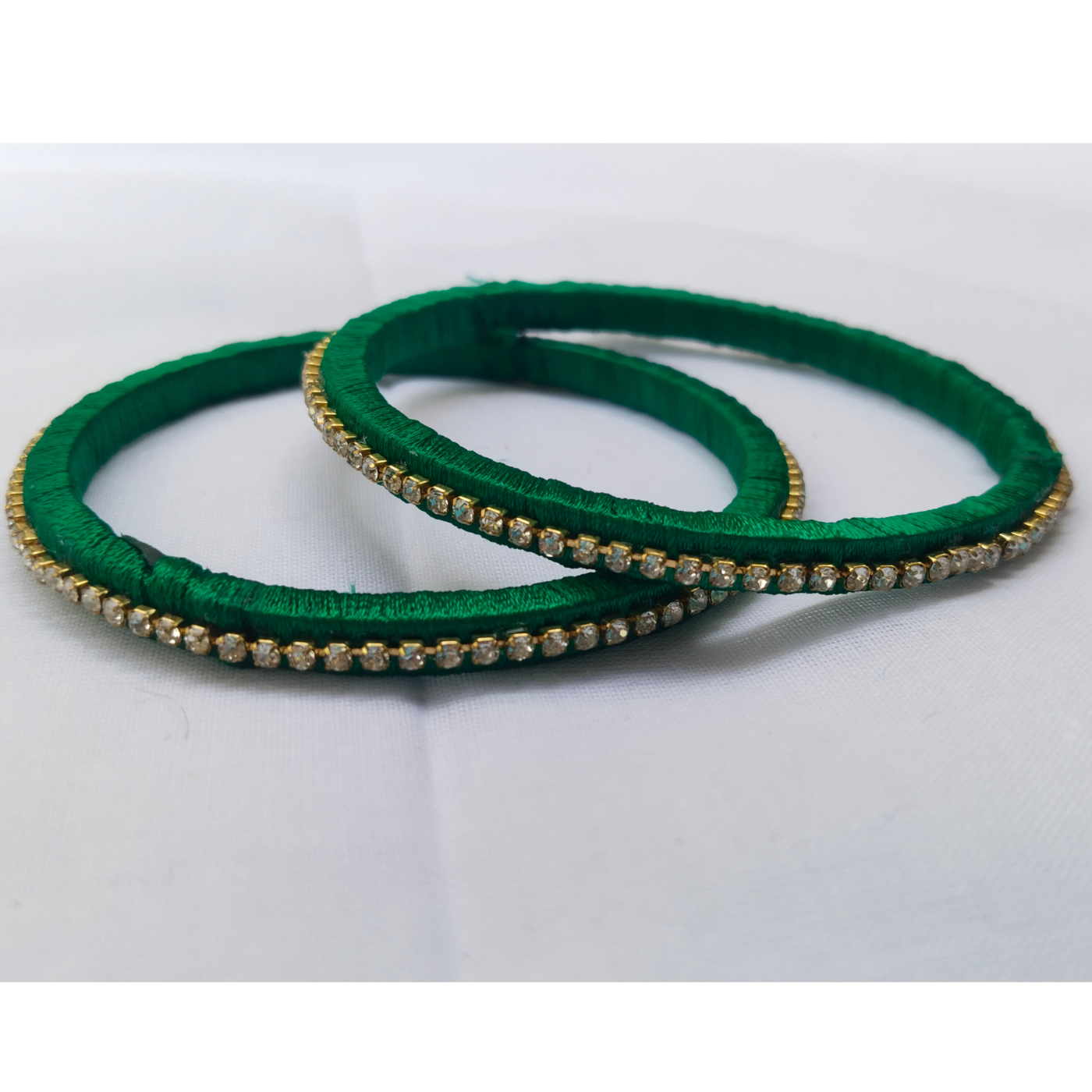 Green Silk Thread Bangles | Handmade Ethnic Bangles with Sparkling Rhinestone Border (Pair)