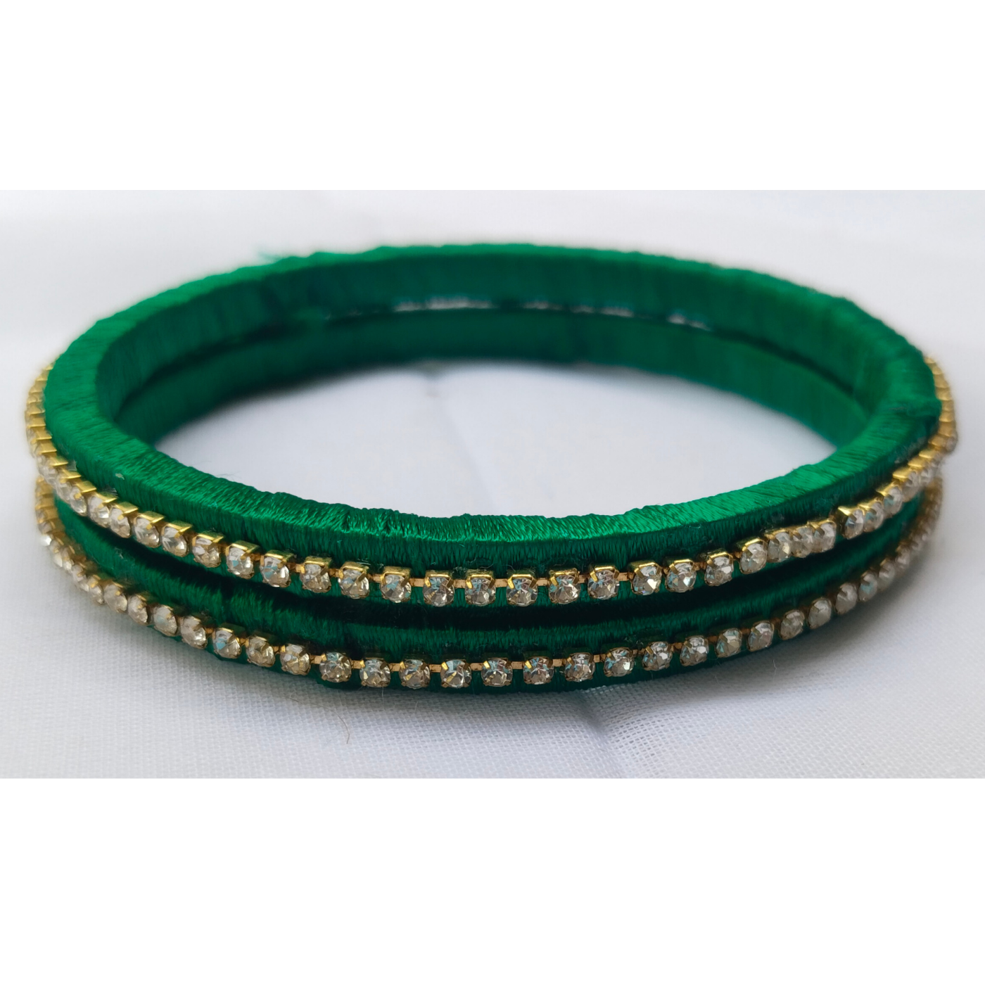 Green Silk Thread Bangles | Handmade Ethnic Bangles with Sparkling Rhinestone Border (Pair)