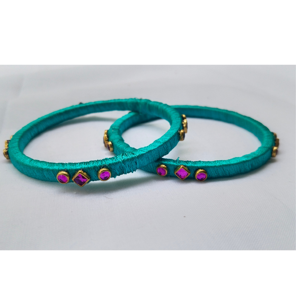 Teal Silk Thread Bangles | Handmade Ethnic Bangles with Pink Stone Accents (Pair)