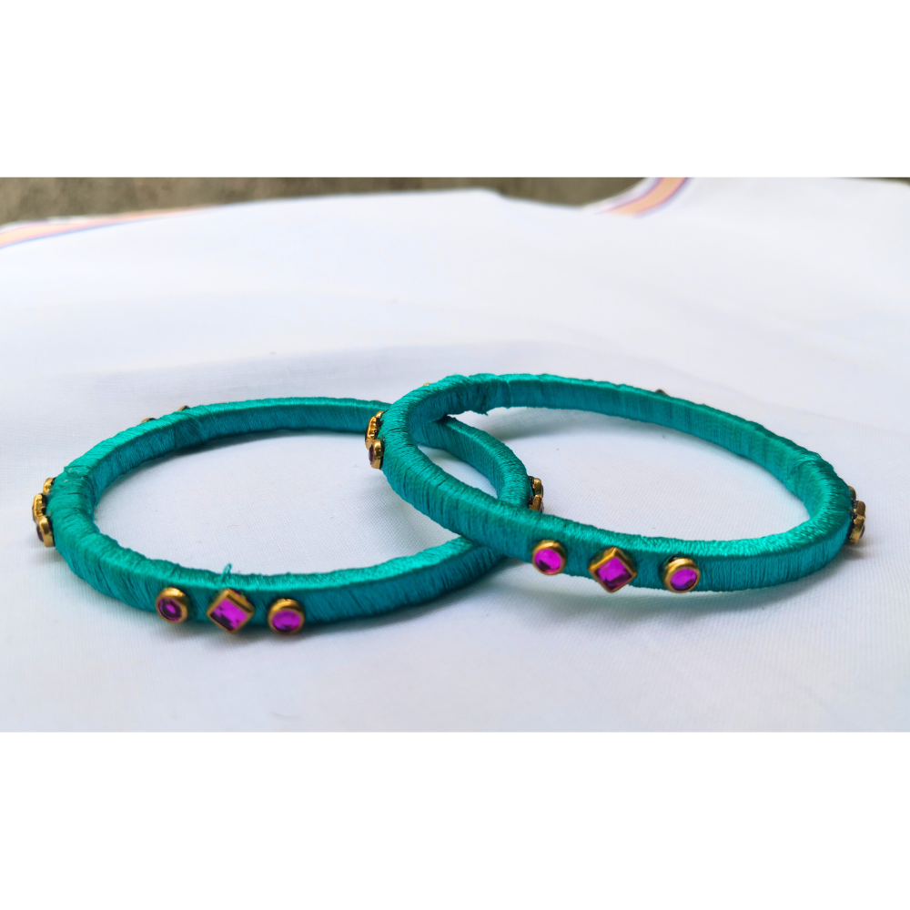 Teal Silk Thread Bangles | Handmade Ethnic Bangles with Pink Stone Accents (Pair)