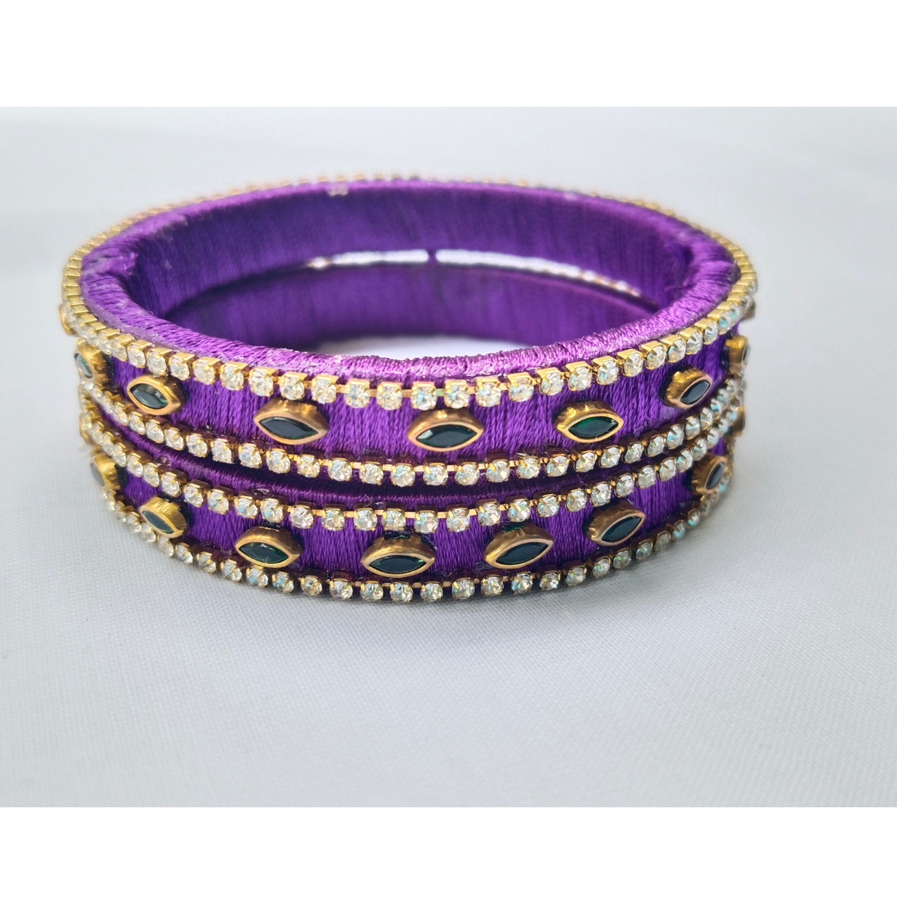 Purple Silk Thread Bangles | Handmade Stone & Rhinestone Ethnic Bangles (Pair)
