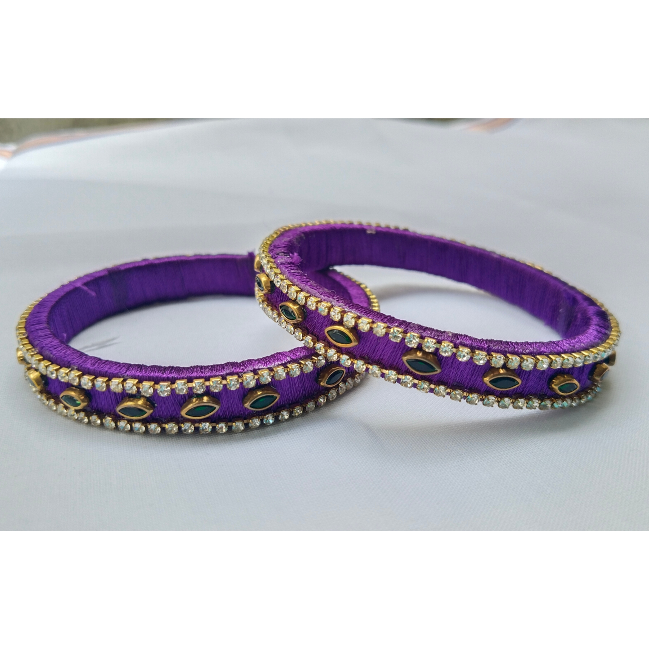 Purple Silk Thread Bangles | Handmade Stone & Rhinestone Ethnic Bangles (Pair)
