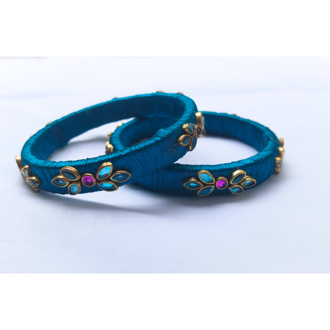 Teal Blue Silk Thread Bangles | Handmade Traditional Ethnic Stone Bangles (Pair)