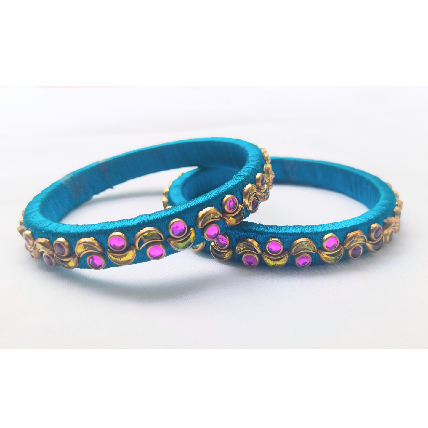 Teal & Pink Studded Bangles | Festive Handcrafted Stone Bangles (Pair)