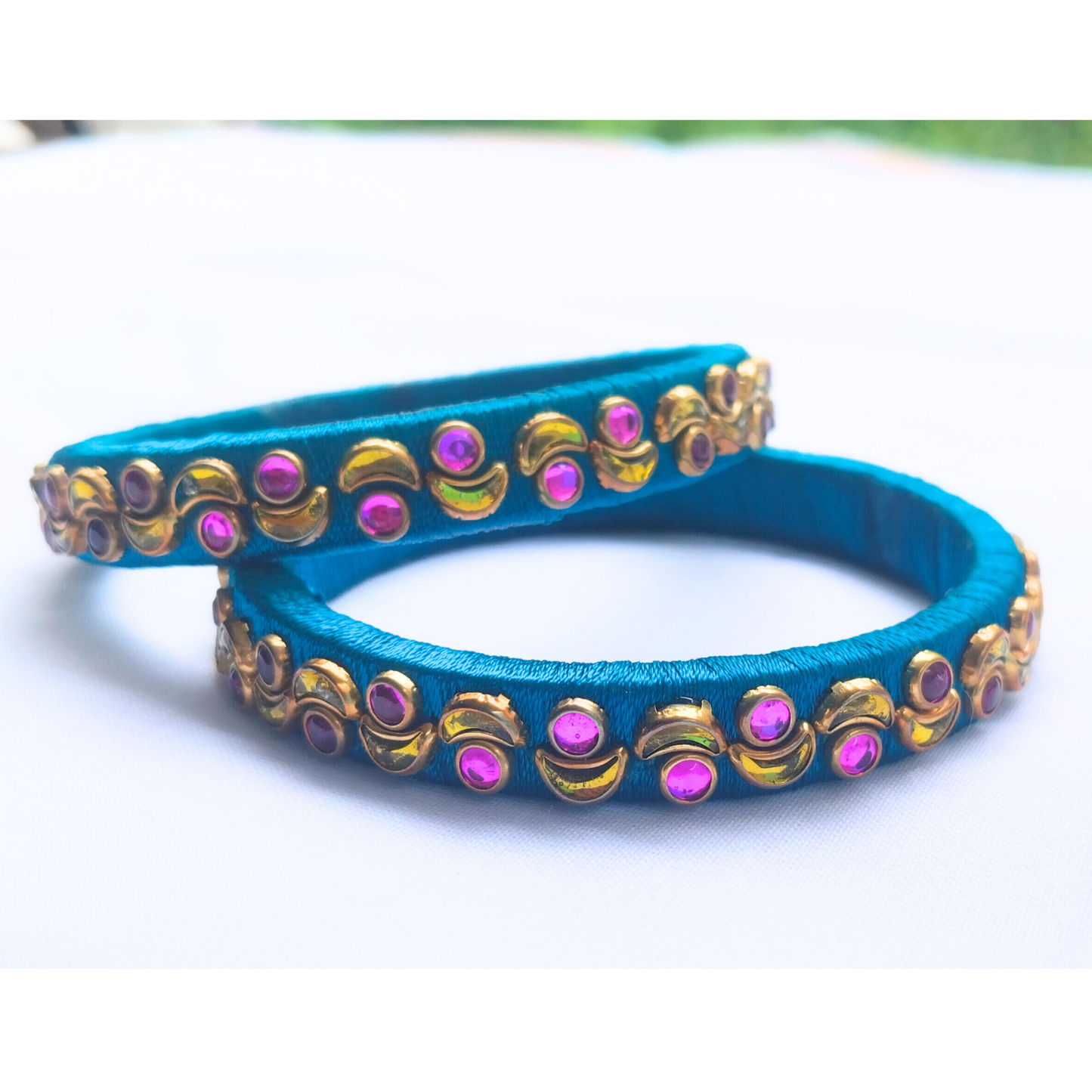 Teal & Pink Studded Bangles | Festive Handcrafted Stone Bangles (Pair)