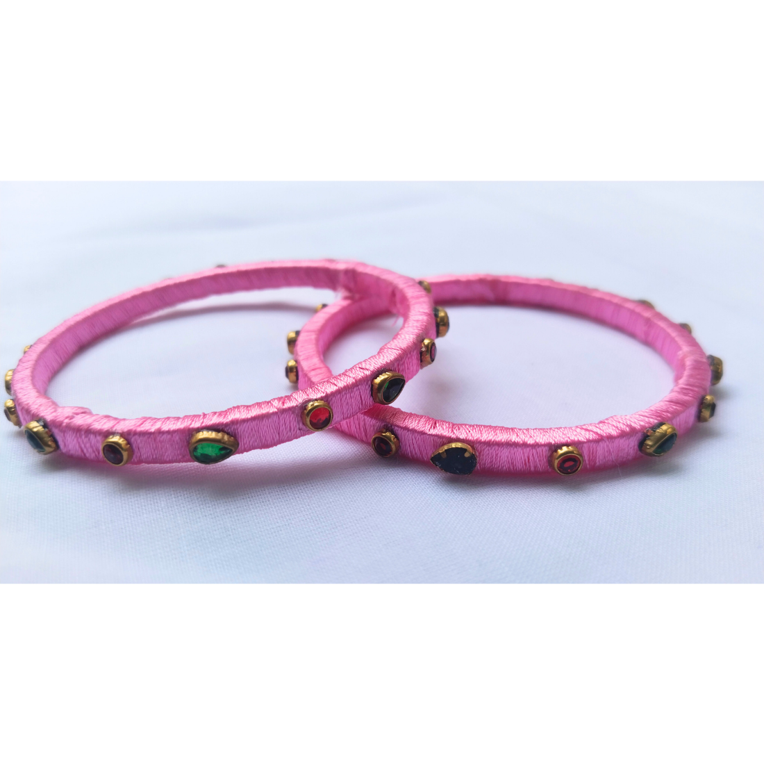 Baby Pink with Teardrop Stones | Elegant Handmade Bangles (Pair)