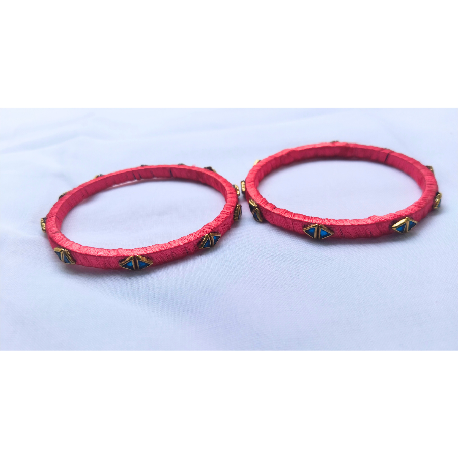 Bold Red Silk Thread Bangles | Handmade Traditional Ethnic Stone Bangles (Pair)