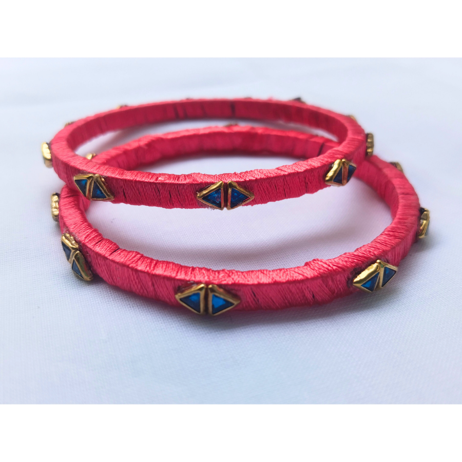 Bold Red Silk Thread Bangles | Handmade Traditional Ethnic Stone Bangles (Pair)