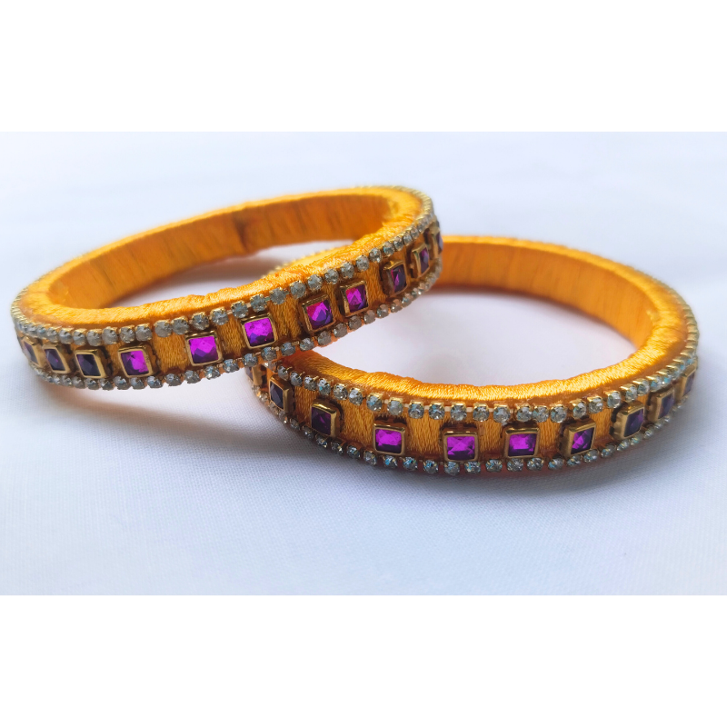 Royal Yellow Crystal Bangles | Heavily Embellished Handmade Bangles (Pair)