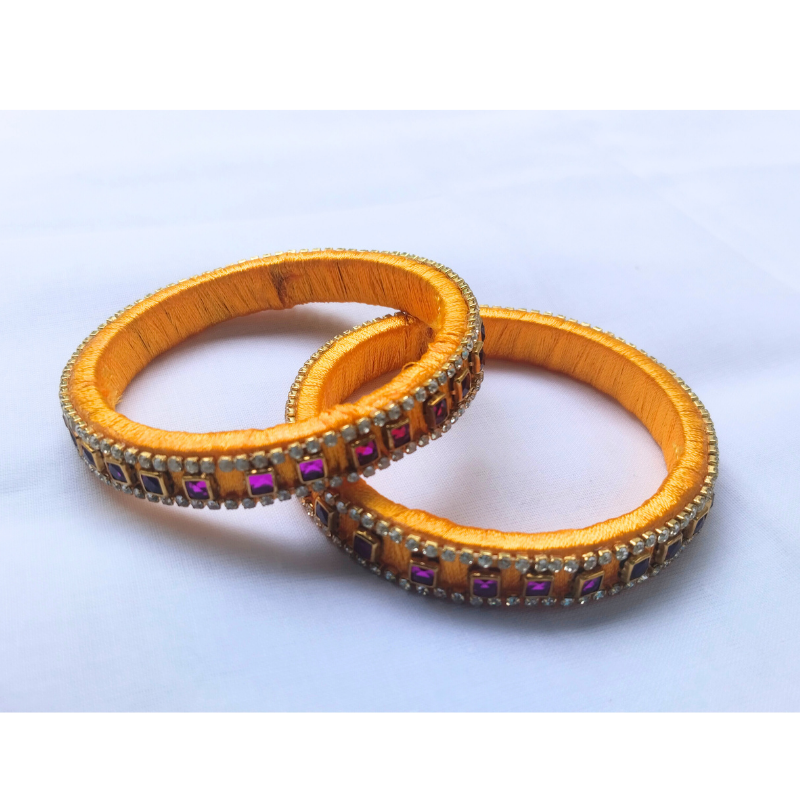 Royal Yellow Crystal Bangles | Heavily Embellished Handmade Bangles (Pair)