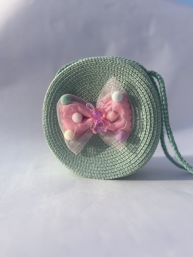 Mint Green Hand-Crocheted Round Sling Bag with Bow Detail