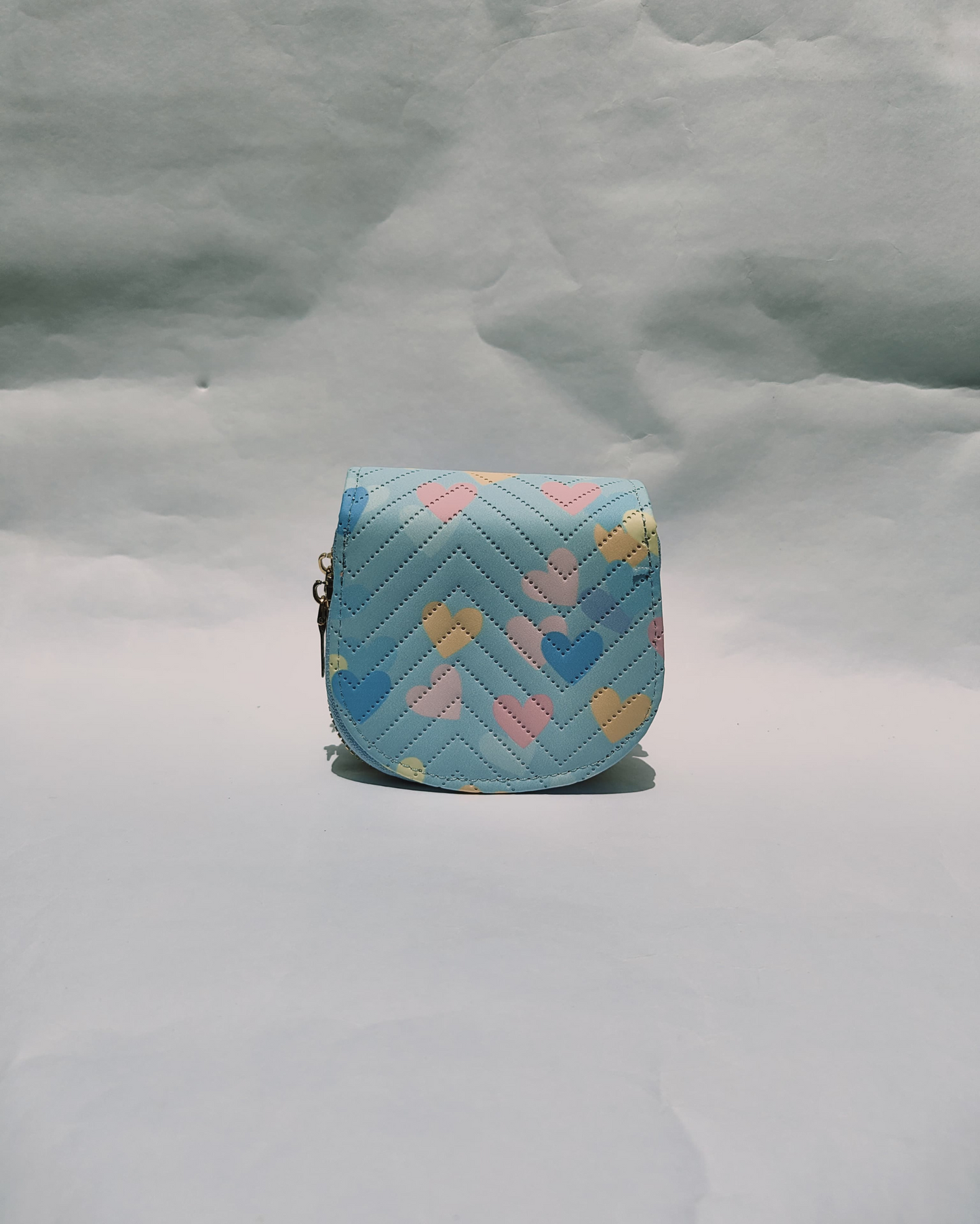 Sky Blue Quilted Mini Pouch with Pastel Heart Print and Dual Zipper