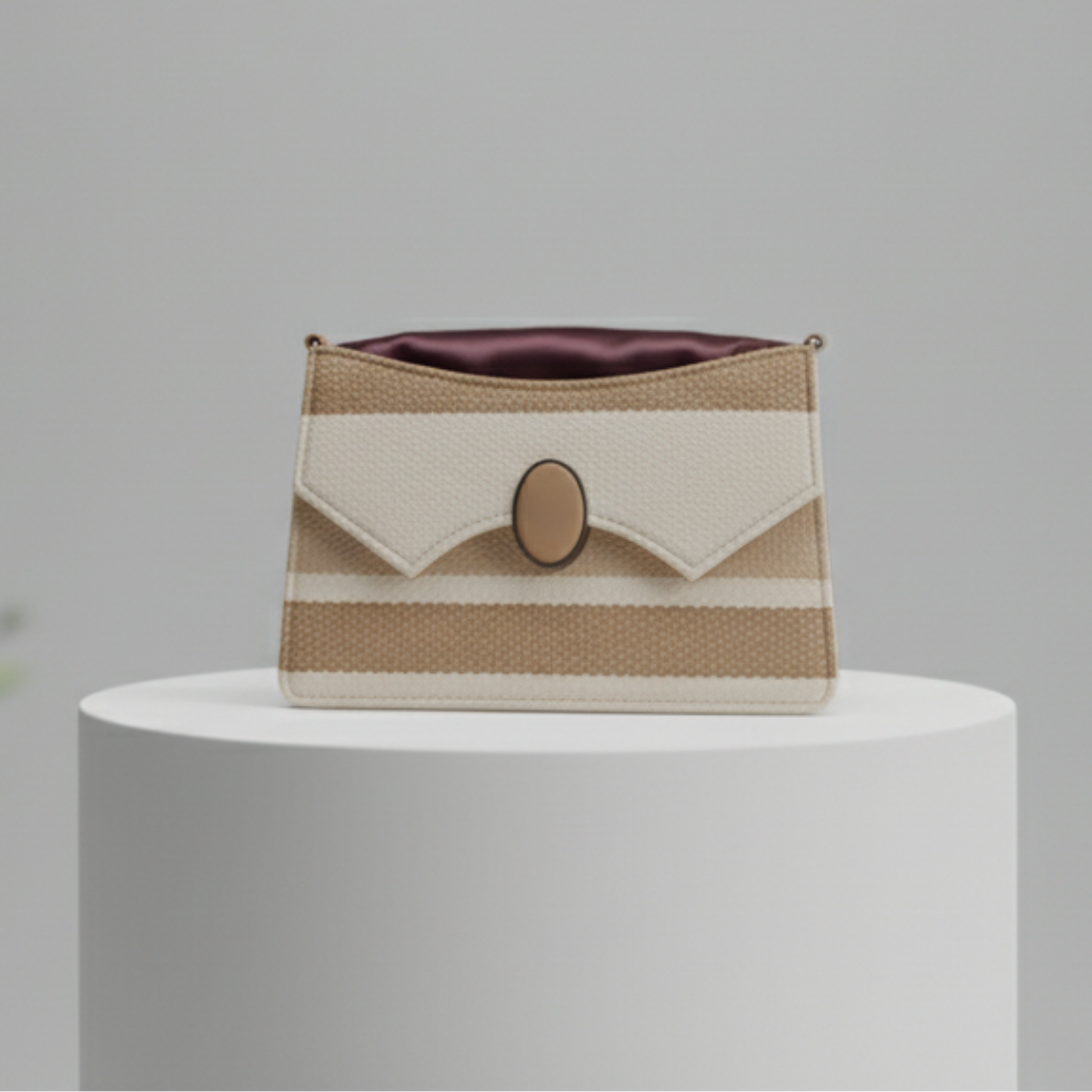 Beige Brown Crossbody Purse with Flap & Oval Lock