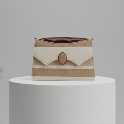 Beige Brown Crossbody Purse with Flap & Oval Lock