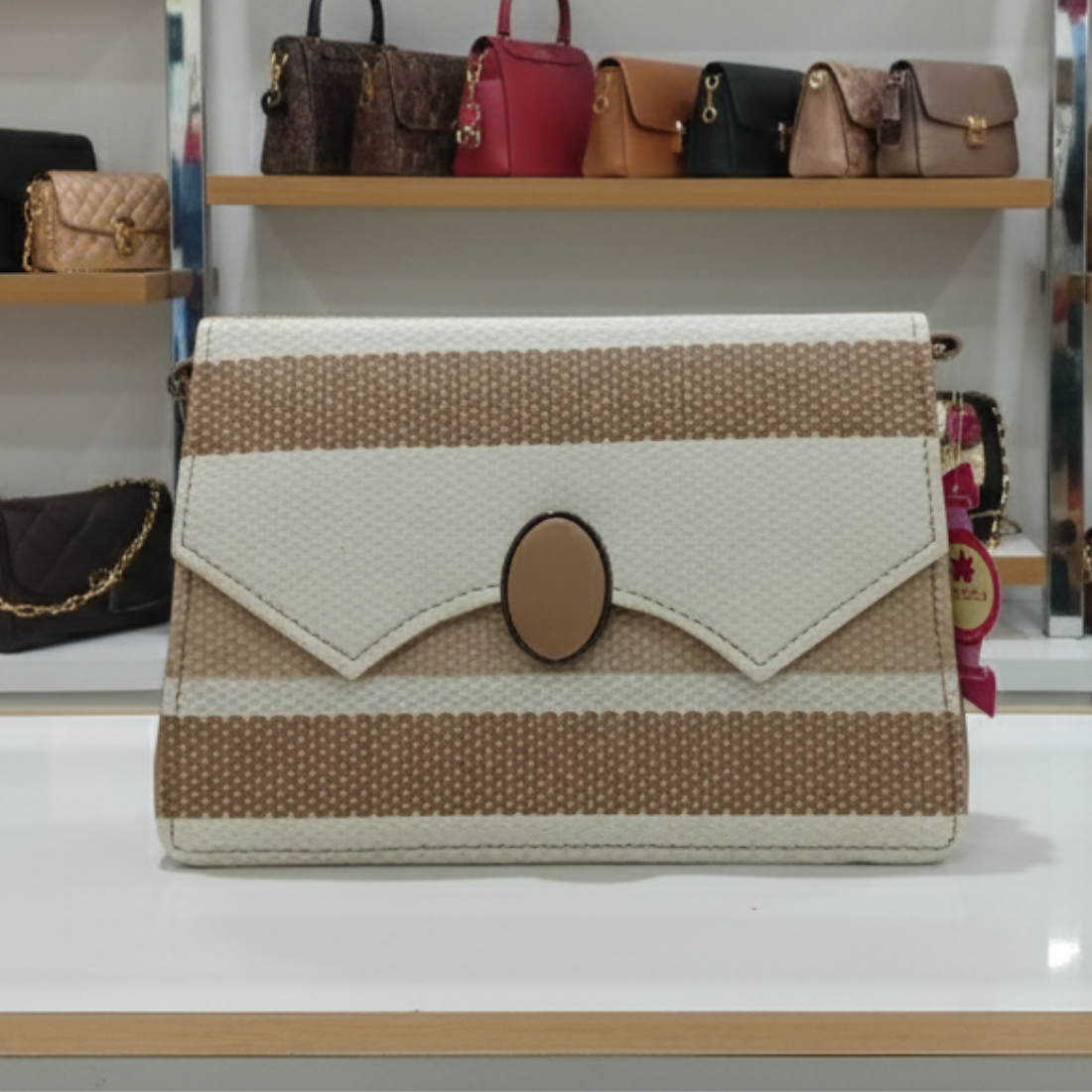 Beige Brown Crossbody Purse with Flap & Oval Lock