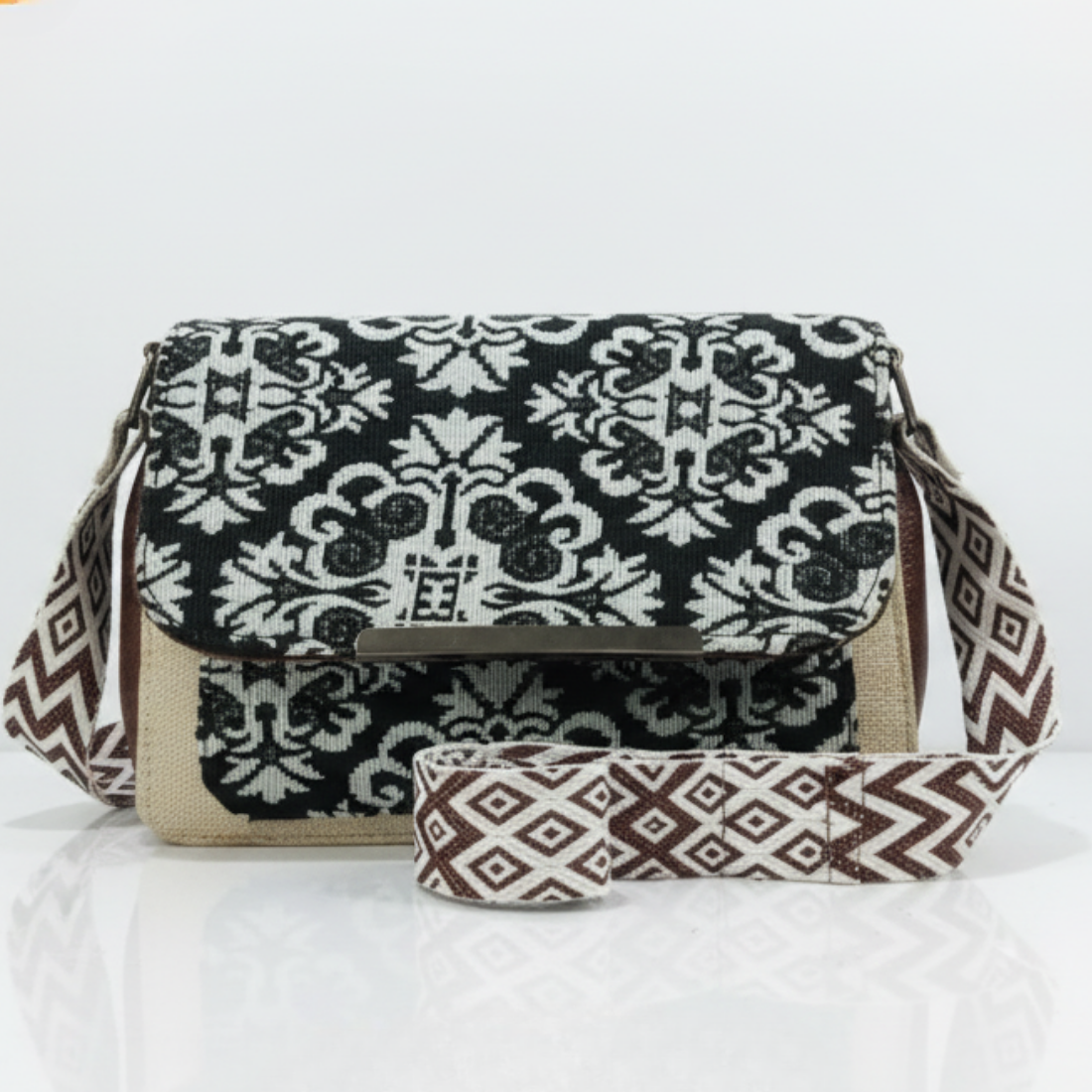 Black & White Damask Jute Flap Sling Bag