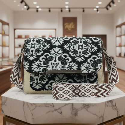 Black & White Damask Jute Flap Sling Bag