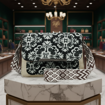 Black & White Damask Jute Flap Sling Bag