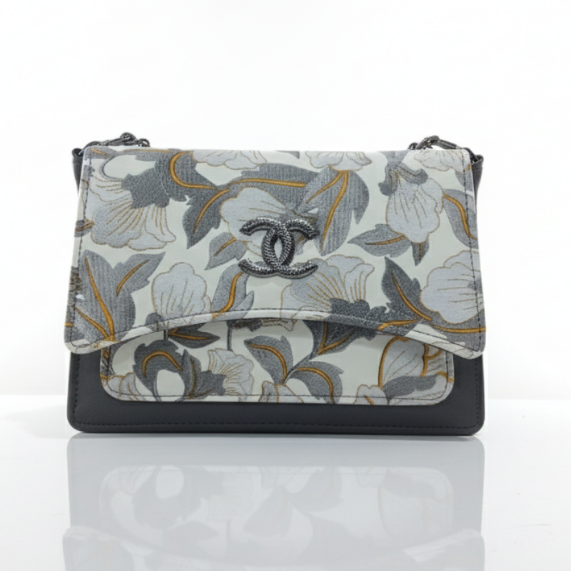 Grey and White Floral Flap Bag