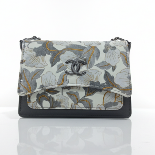 Grey and White Floral Flap Bag
