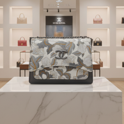 Grey and White Floral Flap Bag