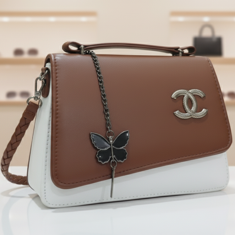 Two-Tone Brown & White Flap Bag