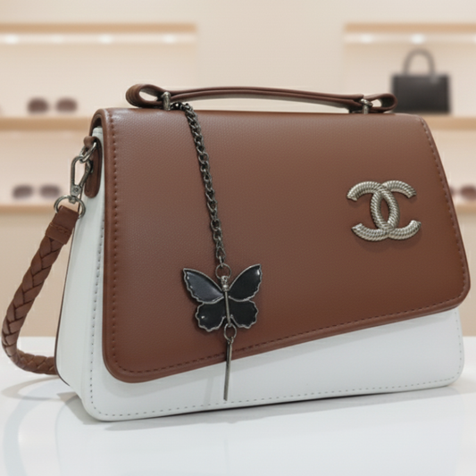Two-Tone Brown & White Flap Bag