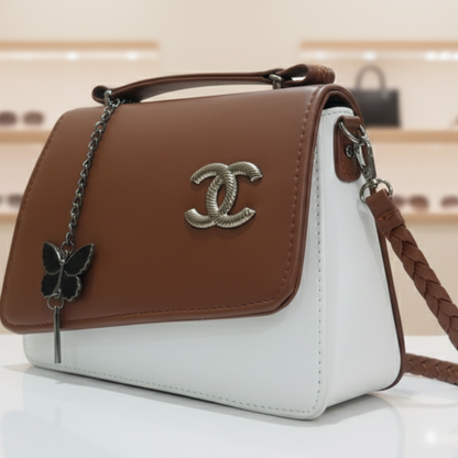 Two-Tone Brown & White Flap Bag