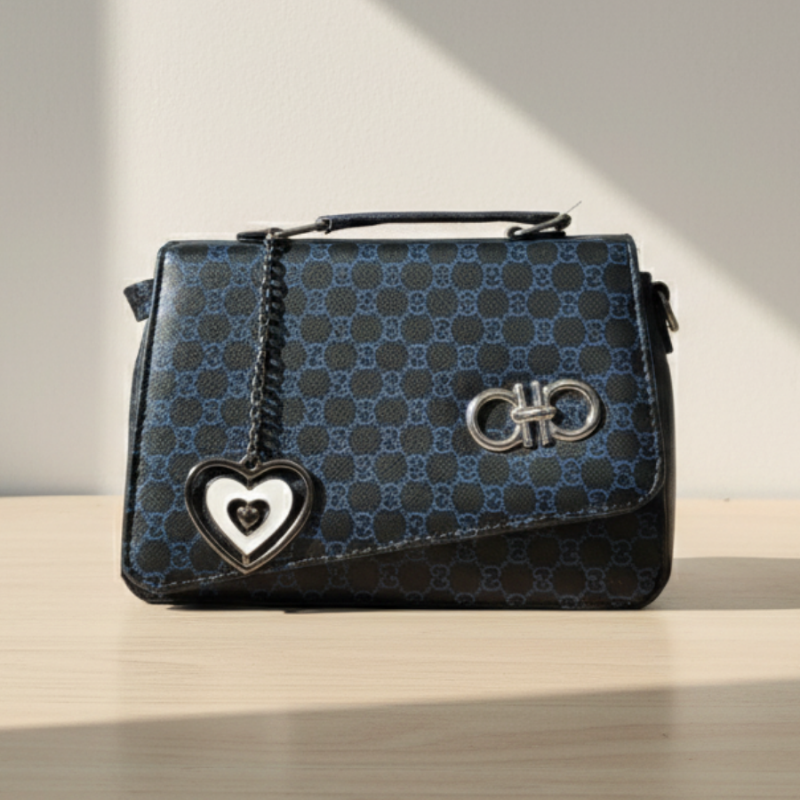 Navy Patterned Flap Bag with Heart Charm