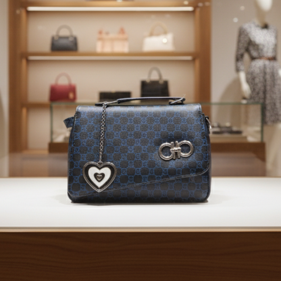 Navy Patterned Flap Bag with Heart Charm