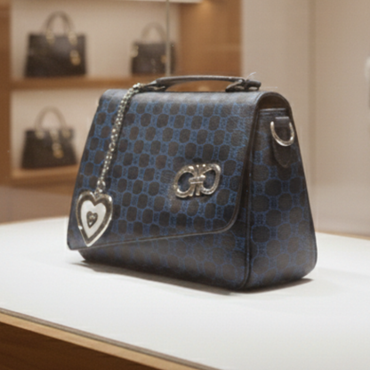 Navy Patterned Flap Bag with Heart Charm