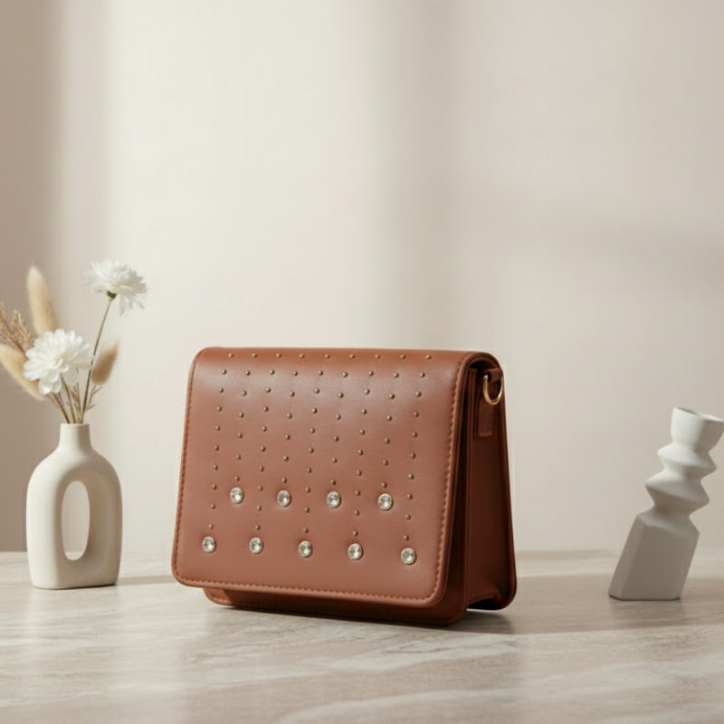 Tan Studded & Crystal Sling Bag